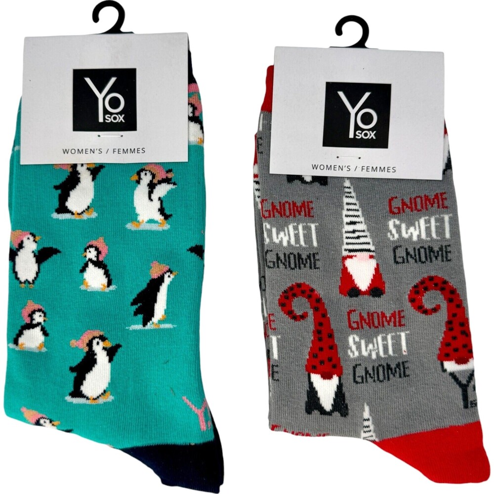 Womens Women's Yo Sox Socks Christmas Xmas Pattern Penguin Gnome Two pair 6-10